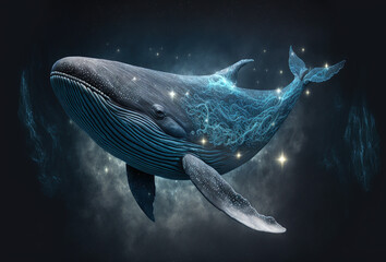 Fototapeta na wymiar Cosmic whale swimming through the universe. Fantasy illustration of a cetacean travelling in space. Illustration, generative ai