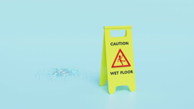 caution slippery or wet floor caution plastic sign with wet area isolated on blue background. warning symbol, leaky roof, 3d animation, alpha