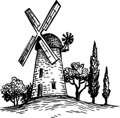 Old tower mill ink sketch.
