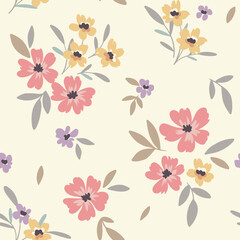 Seamless floral pattern, cute ditsy print with rustic motif. Delicate flower surface design with small hand drawn plants: flowers, leaves, twigs on a light background. Vector illustration.