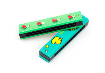 Colorful children's harmonica, music instrument.