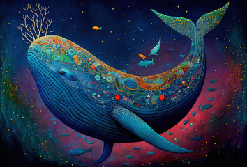 Cosmic whale swimming through the universe. Fantasy illustration of a cetacean travelling in space. Illustration, generative art