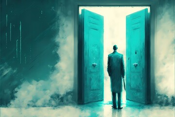 A man stands in front of a creepy door, crepe horror illustration