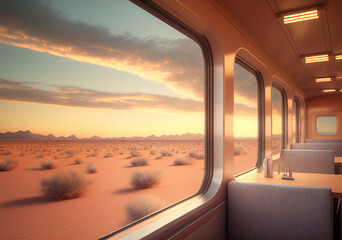 View from modern train window on sandy desert at sunset in summer. Generative AI. Landscape with seats and tables in train wagon, beautiful view on sand, bushes, blue sky with clouds. Art