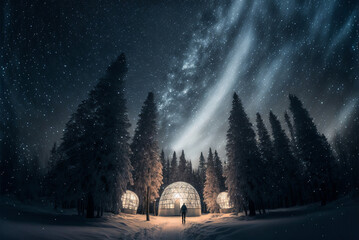 Milky way and dome-shaped glassy houses in snowy forest at night in winter. Generative AI. Landscape with house with illumination, man, pine trees in snow and sky with bright stars and galaxy. Nature