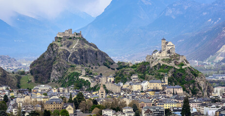 Panoramic view of Sion town in the swiss Alps valley, Switzerland