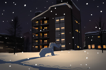 Drawing of a night city in winter. Horror. Scary atmosphere.