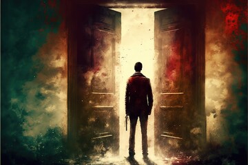 Obraz na płótnie Canvas A man stands in front of a creepy door, crepe horror illustration