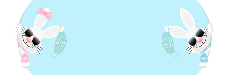 2 Weiße Osterhasen Junge & Mädchen Maske Am Ohr Sonnenbrille Ostereier Runde Banner Innen Himmel