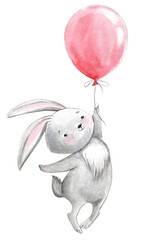 cute bunny with the balloon. watercolor illustration