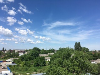 Obraz premium Clouds over the trees. Sky and wight clouds. View of the city Novozybkov