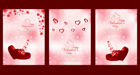 Set of three beautiful pink bokeh romantic wedding and invitation backgrounds with red hearts. Happy valentine's Day.