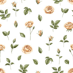Seamless floral pattern with vintage orange flowers roses and leaves isolated on white background. Watercolor hand drawn illustration sketch