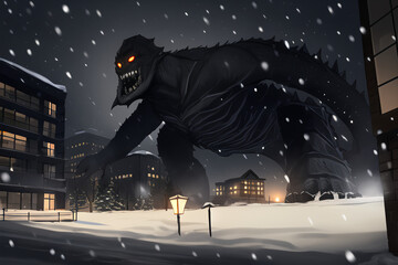 Drawing of a night city in winter. Horror. Scary atmosphere.