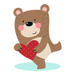Ilustración de un oso de peluche enamorado, de pie sosteniendo un corazón con sus patas, dibujo de San Valentín