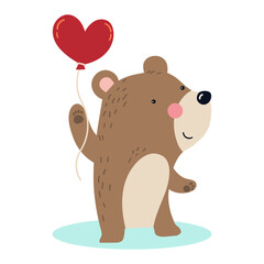 Illustration of a enamored teddy bear, standing holding a heart-shaped balloon, Valentine's drawing