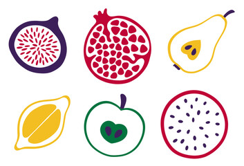 Set of fruits. Dragon fruit, pomegranate, fig and other. Vector illustration
