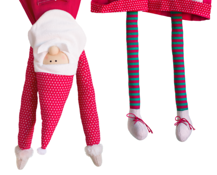 A New Year's soft toy in a red cap and with a beard hangs upside down. Christmas decor in striped tights, Santa claus dangles on a rope - Powered by Adobe