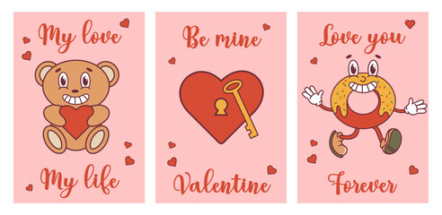 Groovy lovely hearts retro posters set. Love concept. Happy Valentines Day. Trendy retro 60s 70s cartoon style. Card, postcard, print.