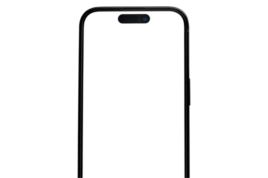 Modern smartphone mockup with dynamic island and camera cutout. Phone template with transparent screen.