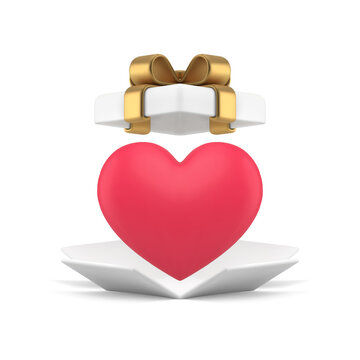 Valentines wedding enamored huge heart in open white gift box 3d icon realistic vector illustration