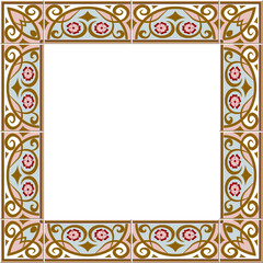 Antique square tile frame botanic garden vintage pattern pink flower golden spiral cross line