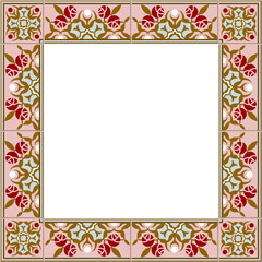 Antique square tile frame botanic garden vintage pattern pink red rose flower