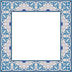 Antique square tile frame botanic garden vintage pattern blue kaleidoscope