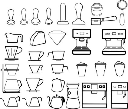 Coffee barista assessory tools pitcher machine tamper vector outline logo icon dripper