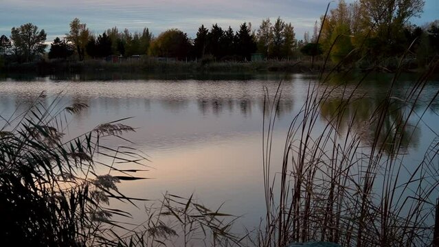 Lake view. Near Lake Buzerens, Bram, France. Reflections of the natural landscape in the water.