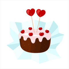 Vector illustration of a bento cake with pink icing, cherries and caramel hearts on a stick in paper packaging