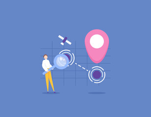GPS or Global Positioning System. location tracker. a male user searches and tracks a person's position using satellite. search technology. illustration concept design. graphic elements