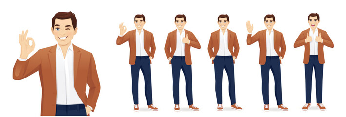 Young business man in casual clothes different poses set. Various gestures - greeting, showing ok sign, thumbs up isolated vector illustration - obrazy, fototapety, plakaty