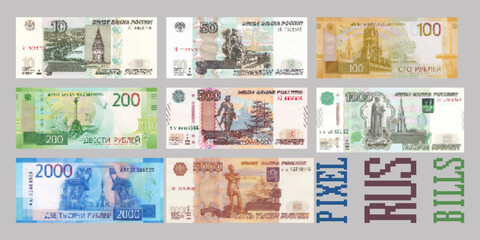 Vector set of paper fiat pixel money of the Russian Federation. Banknotes of Russia in denominations from 10 to 5000 rubles.