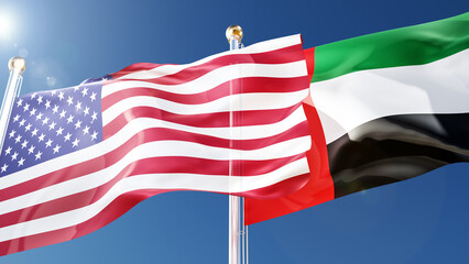 Obraz premium american and united arab emirates flags waving in the wind against a blue sky. usa, emirate national symbols 3d rendering