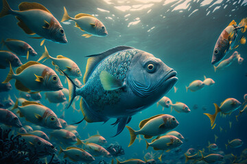 Obraz na płótnie Canvas A large group of fish swimming in the ocean, Generative AI