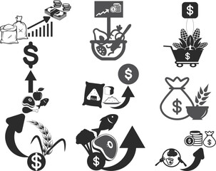 food price hike icon set, Rising price for food icon set black vector