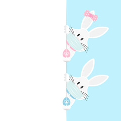 Weiße Osterhasen Mädchen Und Junge Maske Ostereier Übereinander Banner Vertikal Himmel