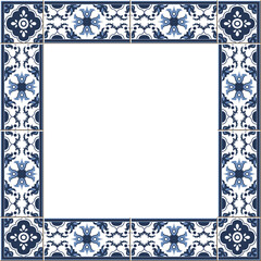 Antique square tile frame botanic garden vintage pattern blue flower kaleidoscope