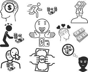Money addiction icon set, greedy human icon set black vector