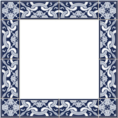 Antique square tile frame botanic garden vintage pattern blue curve cross flower