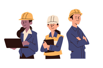 Costruction Workers Team Industrial Technicians Engineer Character with helmet secure Teamwork Flat Vector Illustration