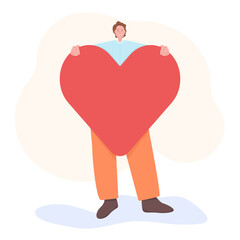 Man holding big Heart, Valentine's Day Flat Concept Vector Modern Cartoon Illustration