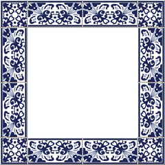 Antique square tile frame botanic garden vintage pattern blue flower plant
