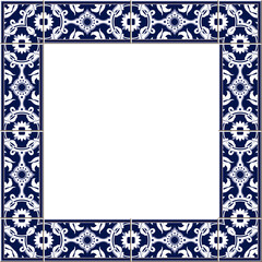 Antique square tile frame botanic garden vintage pattern round cross chain blue flower