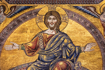 Golden religious mosaic of Jesus decorating catholic church in Florence