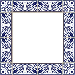 Antique square tile frame botanic garden vintage pattern spiral curve vine flower