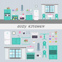 Clip art with cozy green kitchen, crockery, kitchen appliances and dining table. Doll house interior concept. Cartoon flat style. Vector illustration