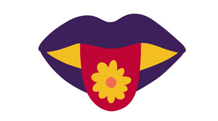 Lips with daisy in the tongue. Vector illustration in 1970 style.