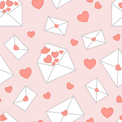 Seamless pattern of open and closed love letters with hearts and small hearts on a pink background in kawaii style.